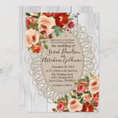 ホワイトウッドレースレッドフラワーズ素朴バラ結婚ズI 招待状 (正面/裏面)