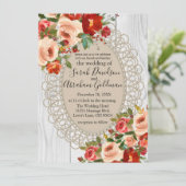 ホワイトウッドレースレッドフラワーズ素朴バラ結婚ズI 招待状 (スタンド正面)