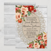 ホワイトウッドレース赤い花バラナチュラルウェディング 招待状 (正面/裏面)