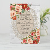 ホワイトウッドレース赤い花バラナチュラルウェディング 招待状 (スタンド正面)