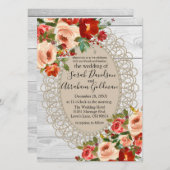 ホワイトウッドレース赤い花バララスティックウェディング 招待状 (正面/裏面)