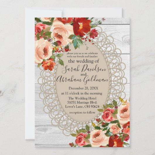 ホワイトウッドレース赤い花バララスティックウェディング 招待状 (正面)