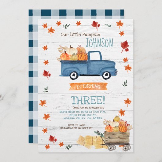 ホワイトウッド秋ファームネイビーパンプキン誕生日 招待状 (正面/裏面)