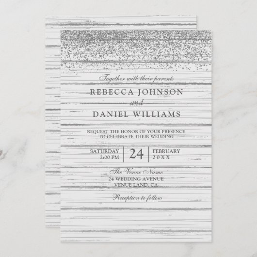 ホワイトウッド素朴シルバーグリッターウェディング招待 招待状 (正面/裏面)