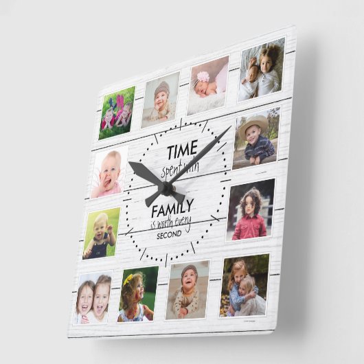 ホワイトウッド12写真テンプレートタイムファミリー引用文 スクエア壁時計 (傾斜)