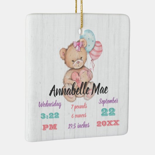 ホワイトウッド&テディベアベビーガール誕生キープサケ セラミックオーナメント (右)