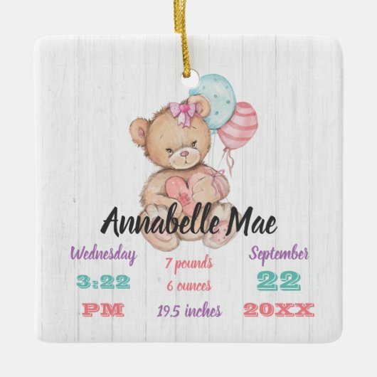 ホワイトウッド&テディベアベビーガール誕生キープサケ セラミックオーナメント (正面)