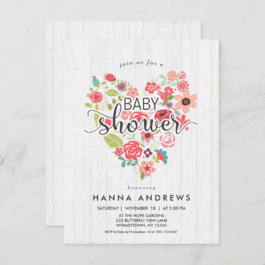 ホワイトウッド&ハートガールベビーシャワー招待状 インビテーションポストカード (正面/裏面)