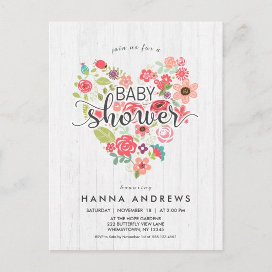 ホワイトウッド&ハートガールベビーシャワー招待状 インビテーションポストカード (正面)