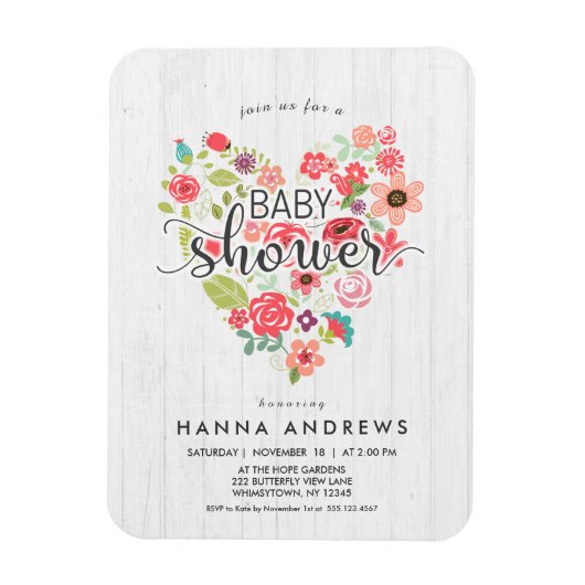 ホワイトウッド&ハートガールベビーシャワー招待状 マグネット (縦)