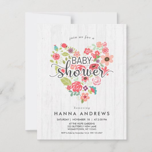 ホワイトウッド&ハートガールベビーシャワー招待状 招待状 (正面)