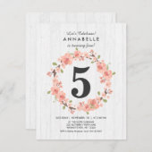 ホワイトウッド ピンクの花の誕生日パーティー招待状 招待状 (正面/裏面)