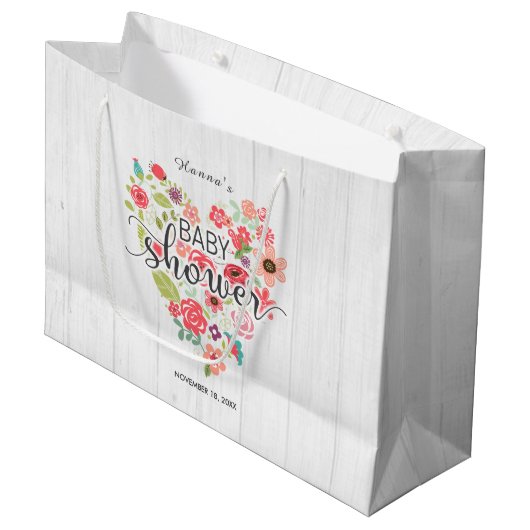ホワイトウッド&ピンクフローラハートガールベビーシャワー ラージペーパーバッグ (正面アングル)