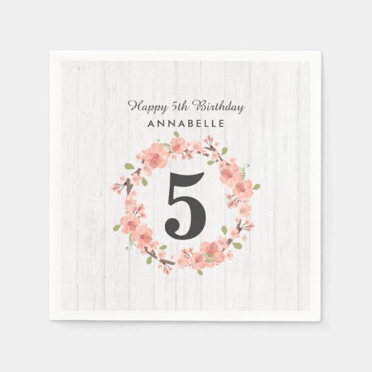 ホワイトウッド&ピーチフローラリースハッピーバースデー スタンダードカクテルナプキン (正面)