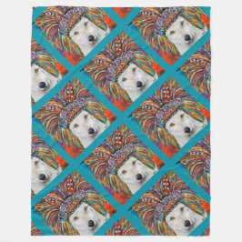 ホワイトウルフアート フリースブランケット