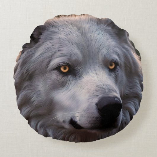 ホワイトウルフ顔 ラウンドクッション (正面)