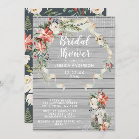 ホワイトウ素朴ィンターフォレストフローラブライダルシャワー 招待状 (正面/裏面)