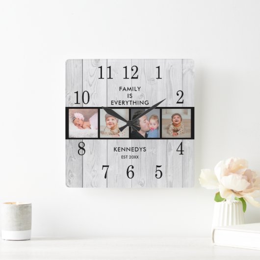 ホワイトウ素朴ッド4フォトコラージュファミリー引用文 スクエア壁時計 (ホーム)