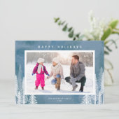 ホワイトエバーグリーンツリーズブルーハッピーホリデーズフォト シーズンカード (スタンド正面)