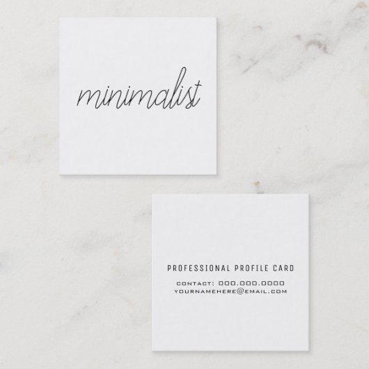 ホワイトエレガントでミニマルな細いスクリプト スクエア名刺 (正面/裏面)