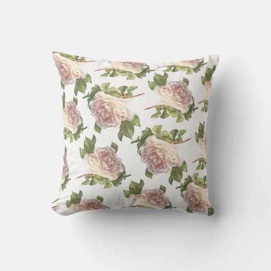 ホワイトエレガントアイボリーピーチバラパターン クッション (正面)