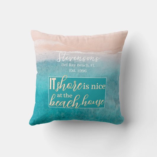 ホワイトエレガントカリグラフィファミリーネームビーチハウス クッション (裏面)