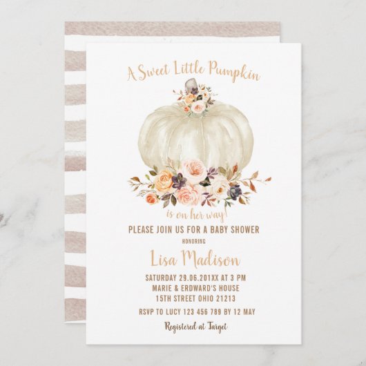 ホワイトエレガントグリッター秋パンプキンベビーシャワー  招待状 (正面/裏面)