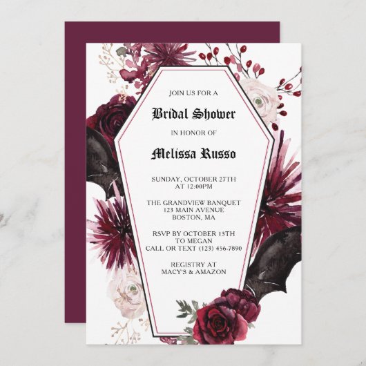 ホワイトエレガントゴシックバラ棺ブライダルシャワー 招待状 (正面/裏面)