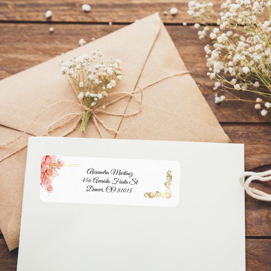 ホワイトエレガントシンプル金ゴールドピンクローズカーニーニャ ラベル