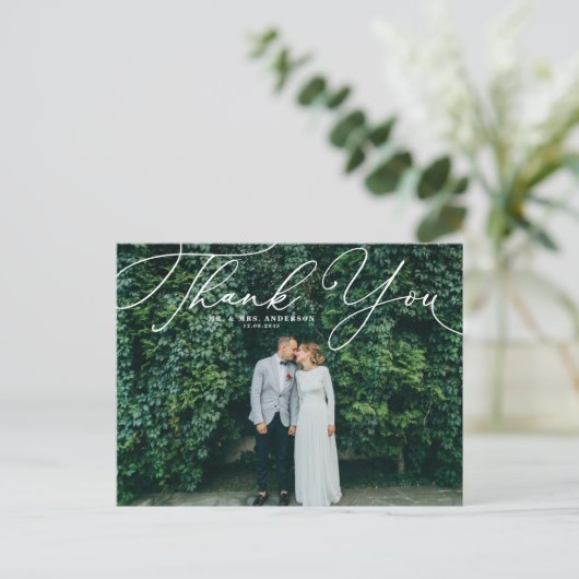 ホワイトエレガントスクリプ結婚ト写真 ポストカード (スタンド正面)