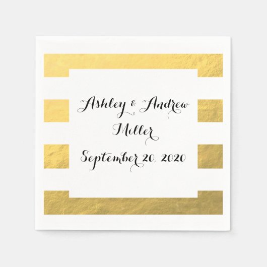 ホワイトエレガントストライプズ金箔プリント スタンダードカクテルナプキン (正面)