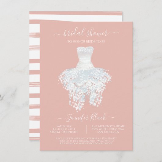 ホワイトエレガントス結婚ドレスブライダルシャワーインビタティ 招待状 (正面/裏面)