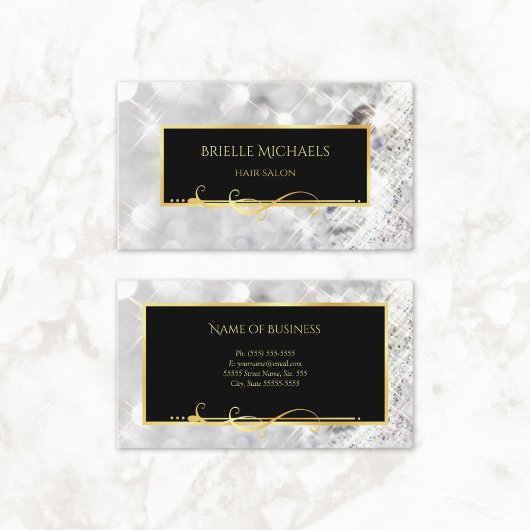 ホワイトエレガントダイヤモンド金ゴールドフィリグラーヘアサロン 名刺