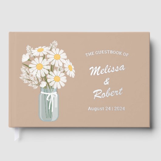 ホワイトエレガントデイジース結婚メイソンJarのフォイルベージュ ゲストブック (正面)