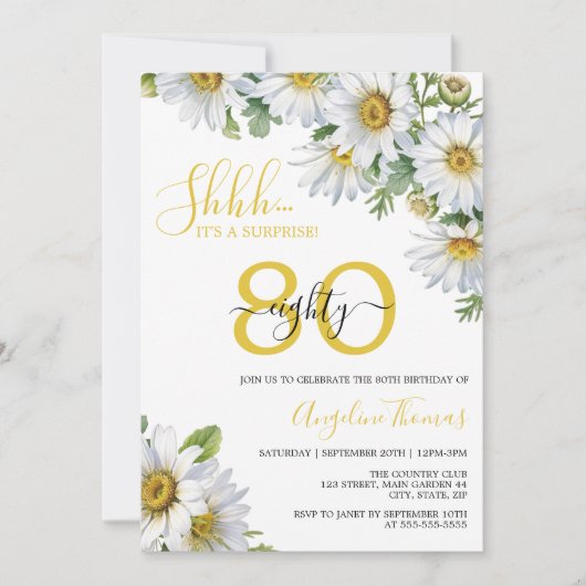 ホワイトエレガントデイジーフローラサプライズ誕生日 招待状 (正面)