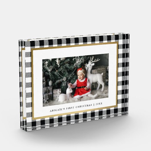 ホワイトエレガントバッファロープレイドホリパーソナライズされたデー フォトブロック (左)