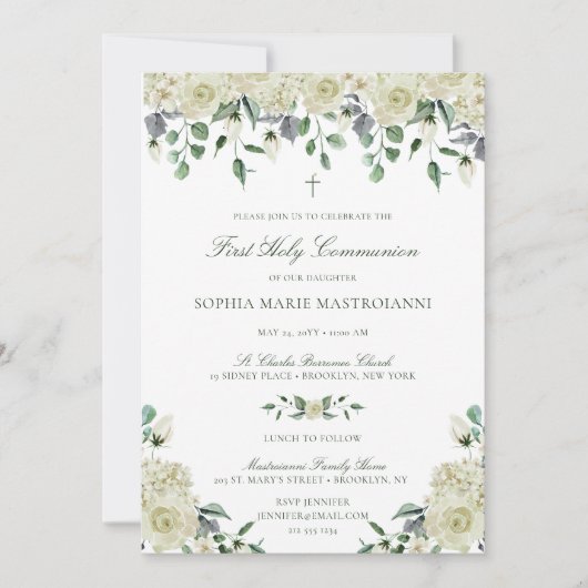 ホワイトエレガントフローラガールズ・ファースト・コミューン 招待状 (正面)