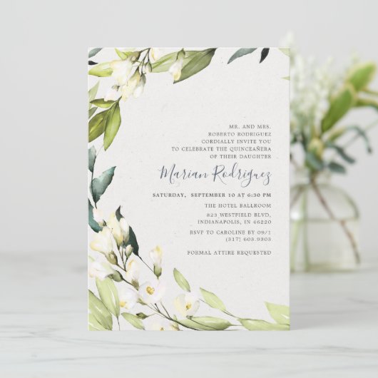 ホワイトエレガントフローラグリーナリーリースキンセアニラ 招待状 (スタンド正面)