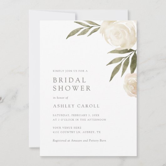 ホワイトエレガントフローラグリーンリーブライダルシャワーインビタ 招待状 (正面)