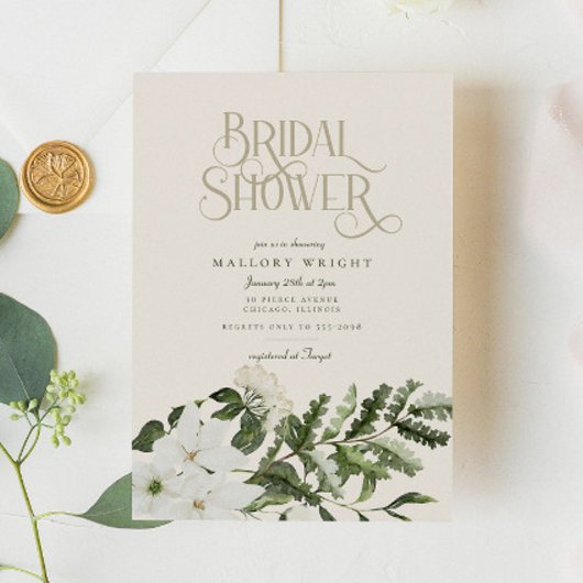 ホワイトエレガントフローラグリーンリーブライダルシャワー 招待状