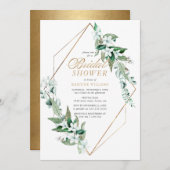 ホワイトエレガントフローラグリーンリー金ゴールドブライダルシャワー 招待状 (正面/裏面)
