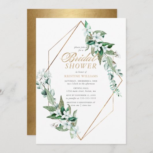 ホワイトエレガントフローラグリーンリー金ゴールドブライダルシャワー 招待状 (正面/裏面)