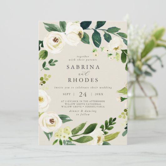 ホワイトエレガントフローラシャンパンフロントバック結婚ズ 招待状 (スタンド正面)