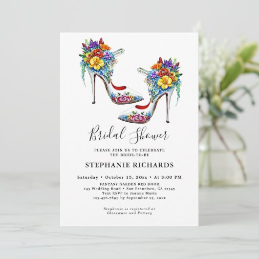 ホワイトエレガントフローラシューズブライダルシャワー 招待状 (スタンド正面)