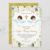 ホワイトエレガントフローラツインボーイバプテスマ招待状 招待状 (正面/裏面)