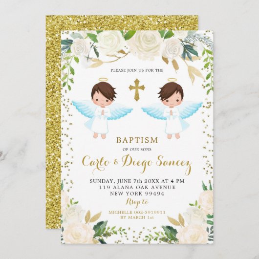ホワイトエレガントフローラツインボーイバプテスマ招待状 招待状 (正面/裏面)