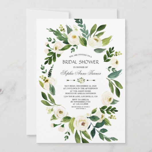 ホワイトエレガントフローラネイビーブルーブライダルシャワー 招待状 (正面)