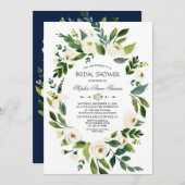 ホワイトエレガントフローラネイビーブルーブライダルシャワー 招待状 (正面/裏面)
