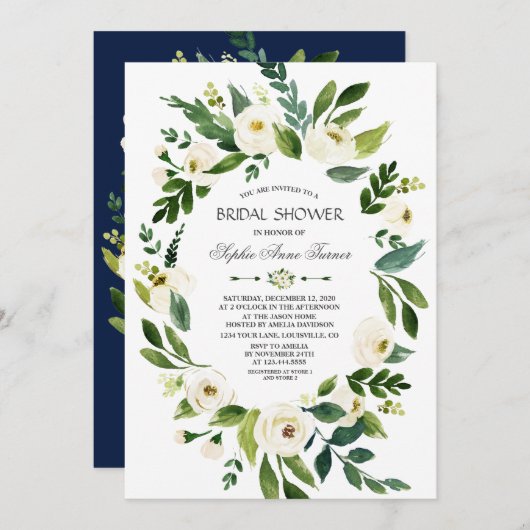 ホワイトエレガントフローラネイビーブルーブライダルシャワー 招待状 (正面/裏面)
