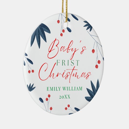 ホワイトエレガントフローラフォトベビーの最初のクリスマス セラミックオーナメント (右)